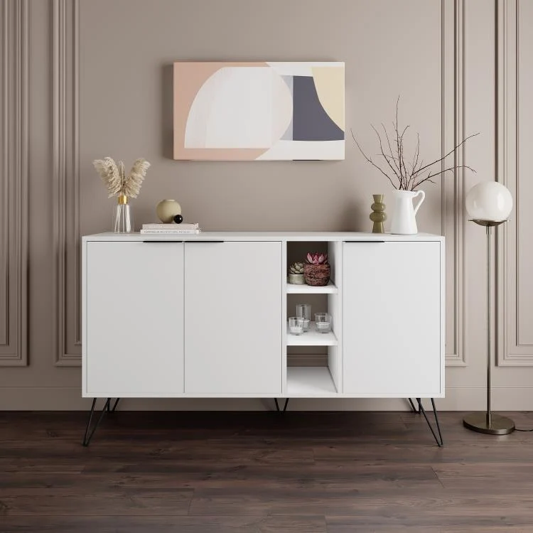 Madia Moderna Credenza 142x83 cm con 3 Ante e Vani a Giorno Zaffiro di Bianco