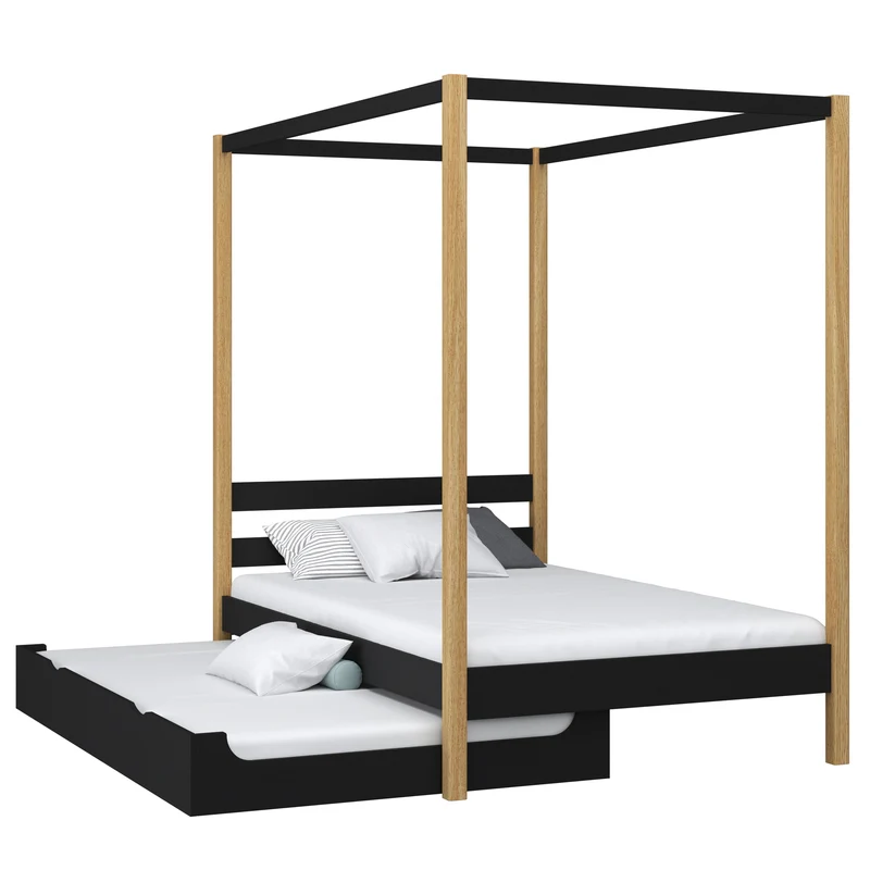 Letto singolo a baldacchino in legno con cassetto per materasso aggiuntivo N01 nero / rovere