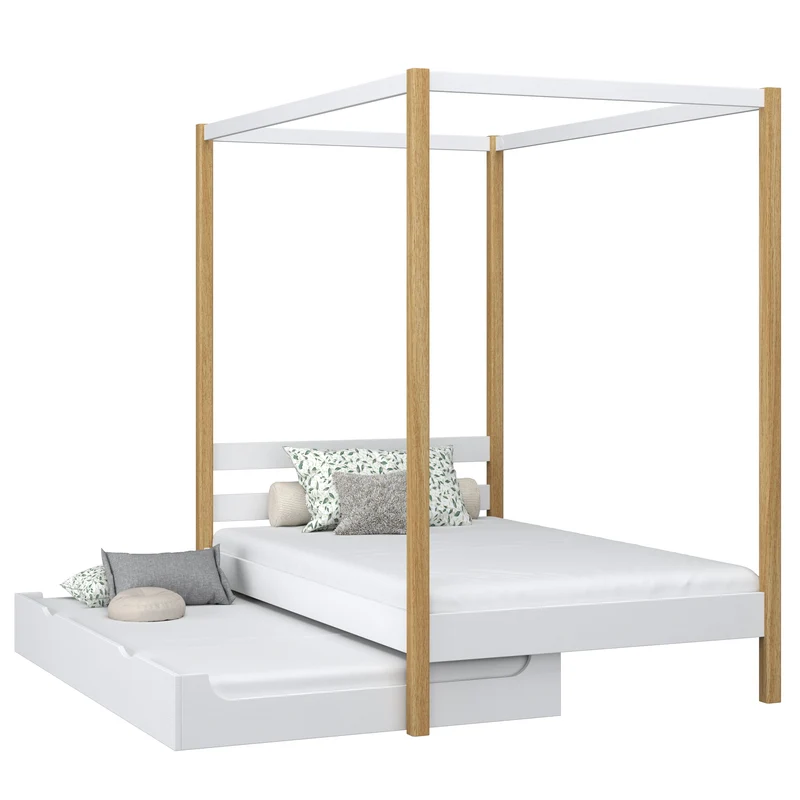 Letto singolo a baldacchino in legno con cassetto per materasso aggiuntivo N01 bianco / rovere