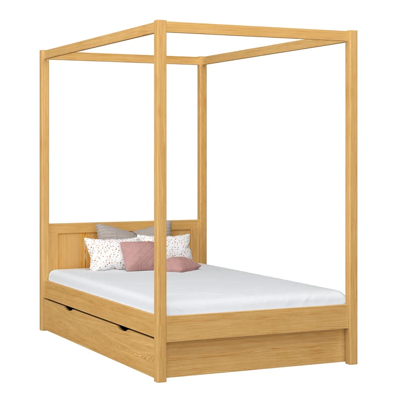 Letto singolo a baldacchino in legno con cassetto N02 pino naturale