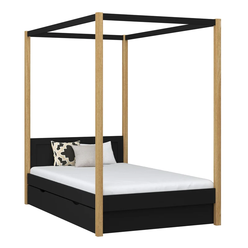 Letto singolo a baldacchino in legno con cassetto N02 nero / rovere