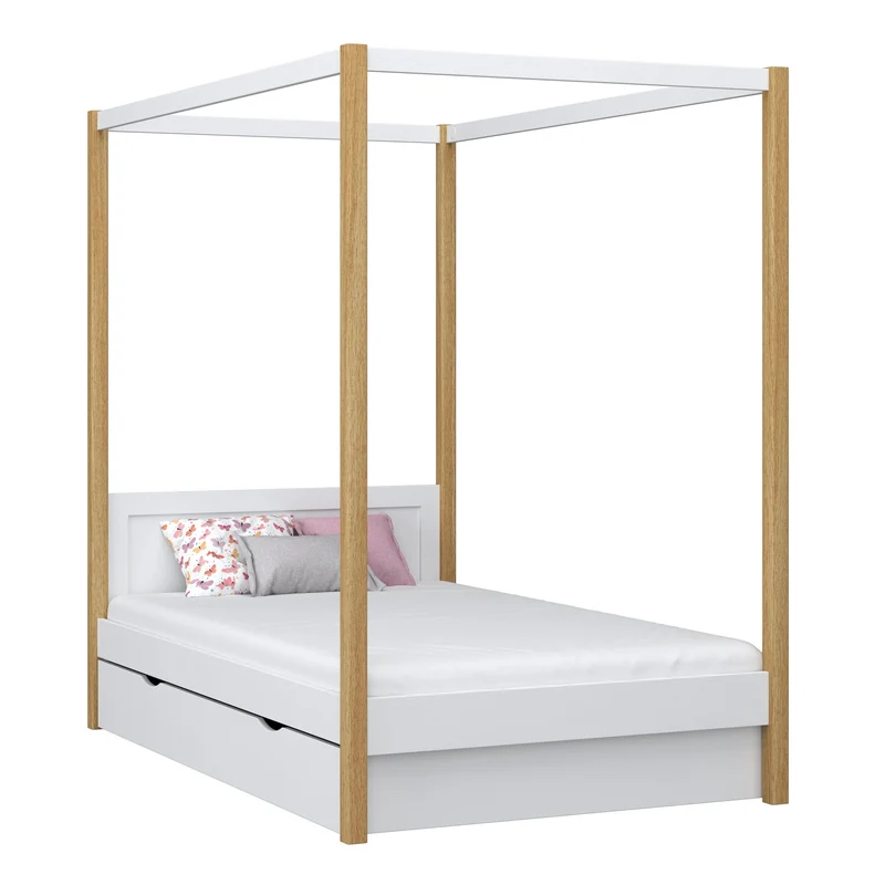 Letto singolo a baldacchino in legno con cassetto N02 bianco / rovere