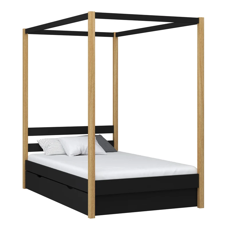 Letto singolo a baldacchino in legno con cassetto N01 nero / rovere