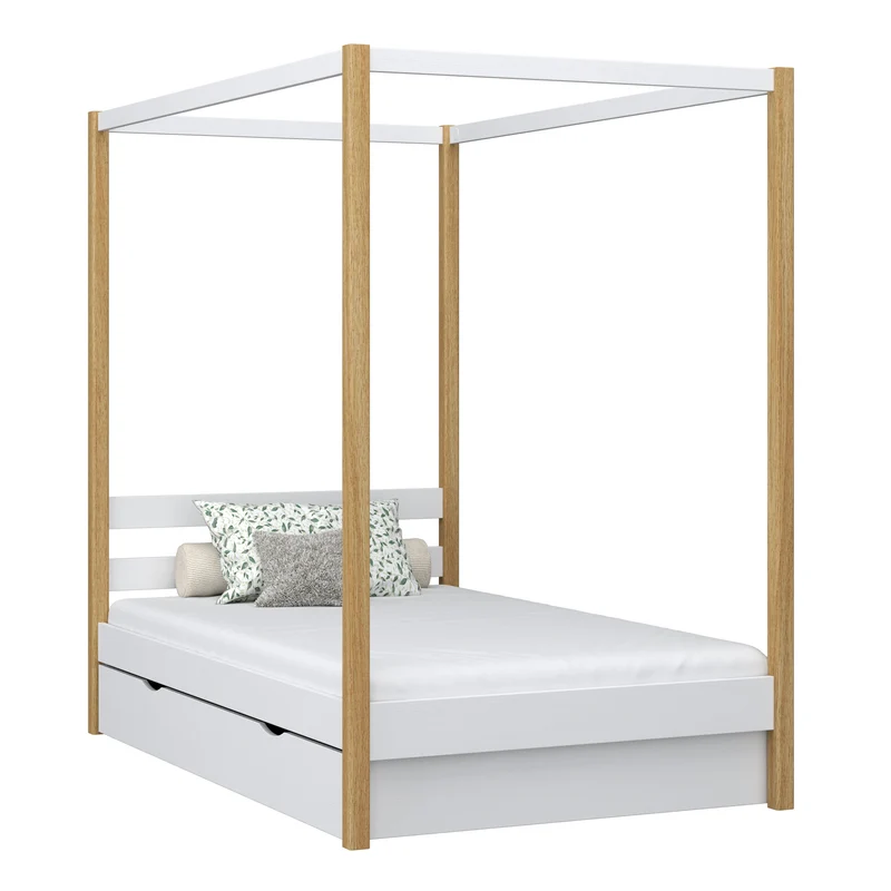 Letto singolo a baldacchino in legno con cassetto N01 bianco / rovere