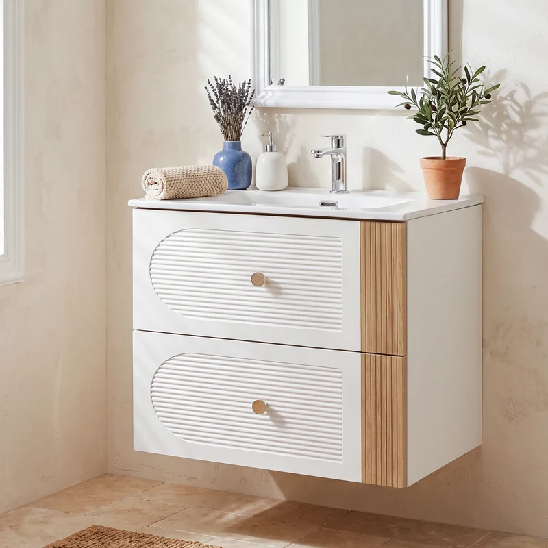 Tribesigns Mobile bagno con lavabo in ceramica da 60 cm, bianco, sospeso, 2 cassetti