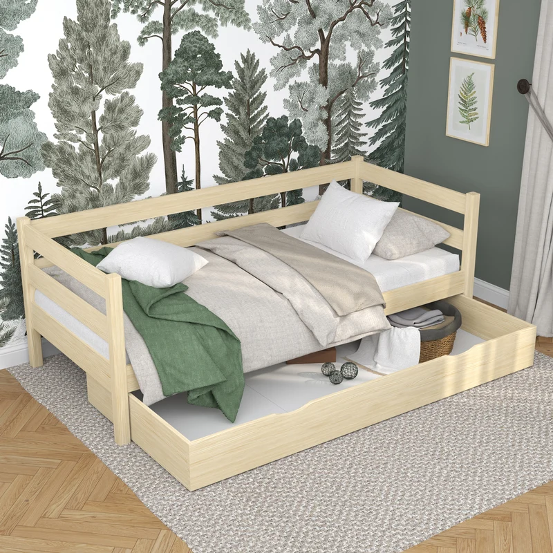 Letto divano in legno con cassetto N01 pino trasparente