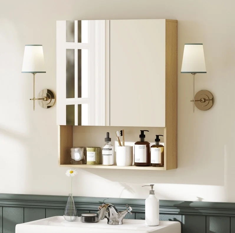 Mobile bagno sospeso con 2 ante a specchio e vano aperto; 60 x 16;6 x 75 cm; rovere