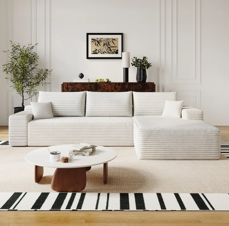 Divano angolare con chaise longue a L, 270x175x83 cm, velluto a coste bianco