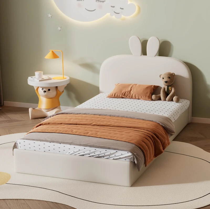 Letto imbottito singolo 90x200 cm con testiera coniglio in velluto beige