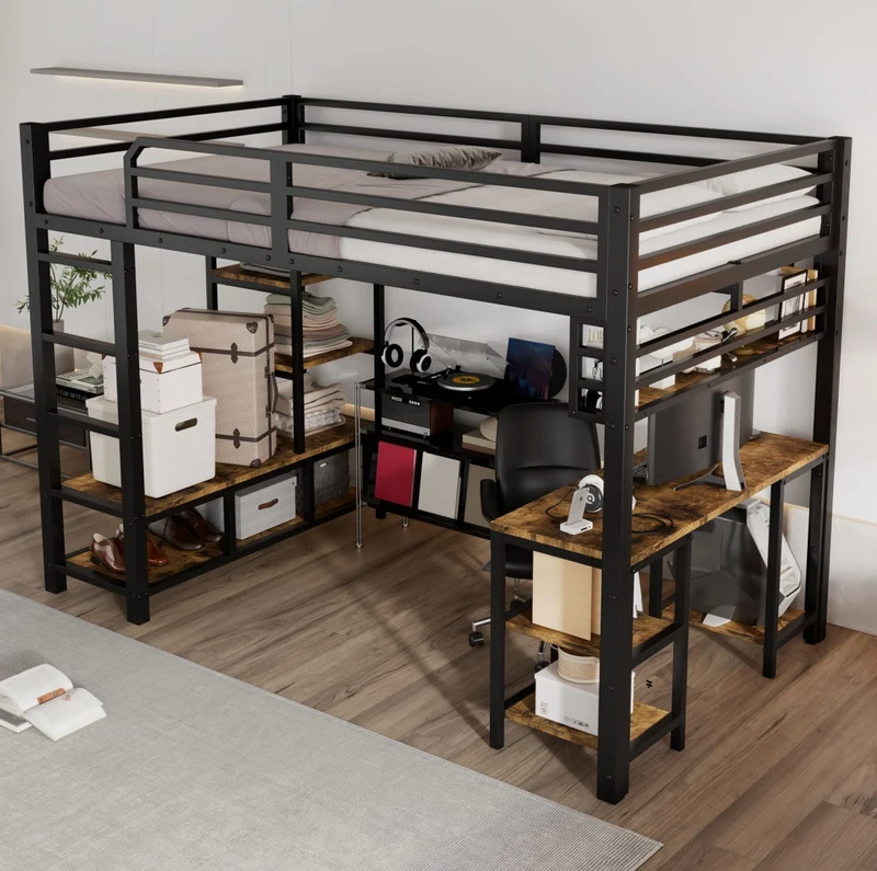Letto a soppalco 120x200 cm con scrivania integrata; ripiano e scala a 4 gradini nero e noce scuro