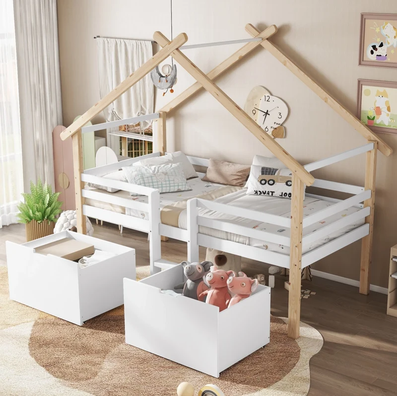 Letto a casetta semi alto 90x200 cm con scala; 2 vani contenitori; bianco/naturale