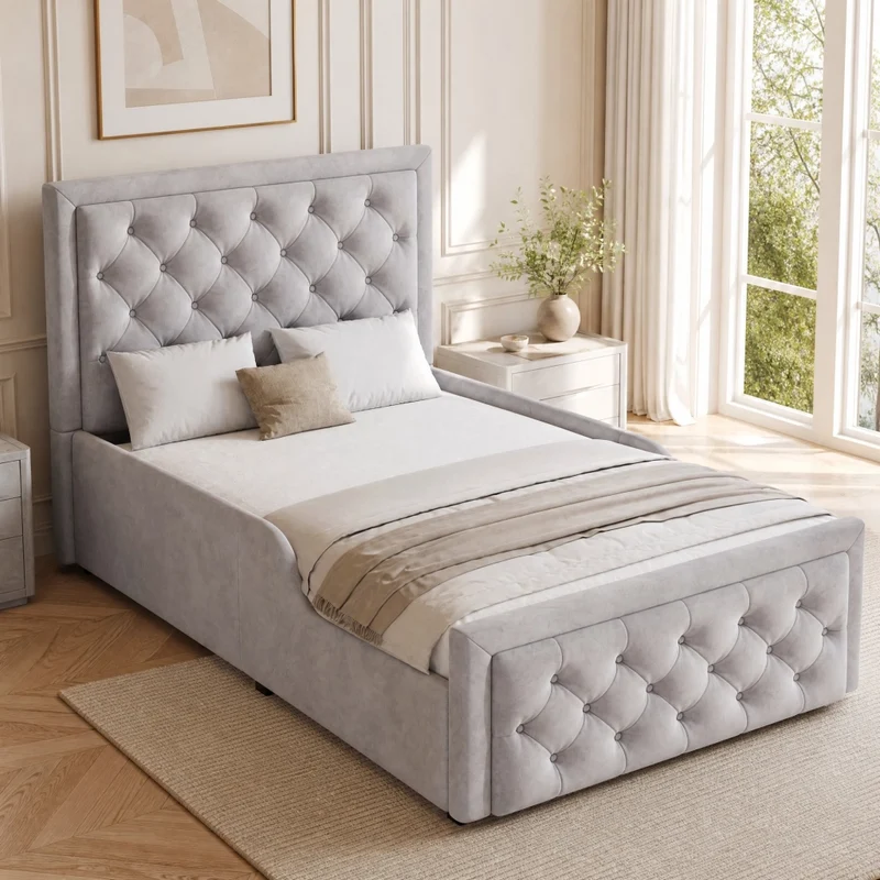 Letto imbottito contenitore 90x200 cm in velluto grigio con testiera trapuntata