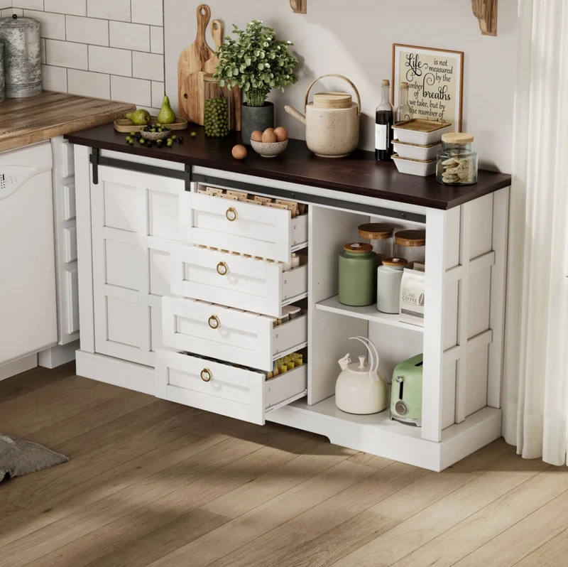 Credenza con ante scorrevoli e 4 cassetti 150x40x85 cm in MDF bianco
