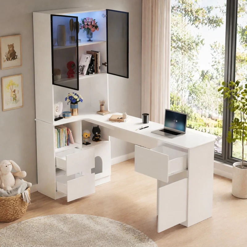 Scrivania angolare 120x80x180 cm con libreria; vetrina LED; 3 cassetti e 2 porte; bianca