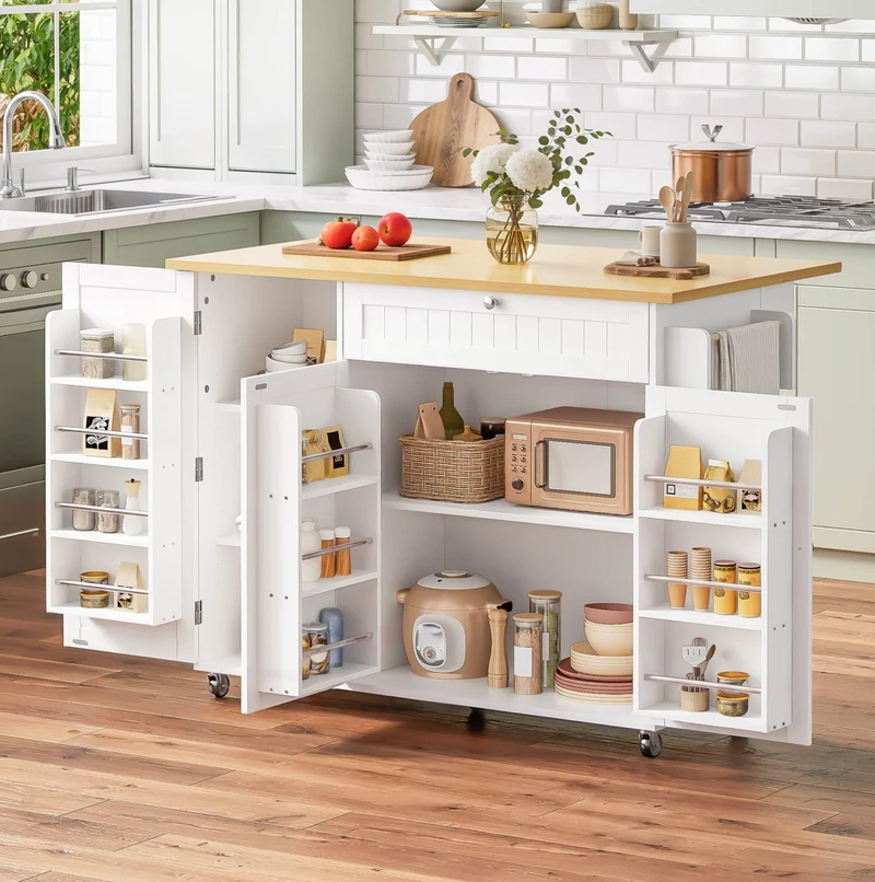Isola cucina carrello con piano ribaltabile; cassetto e mobile; 120x70x92 cm; MDF; naturale/bianco