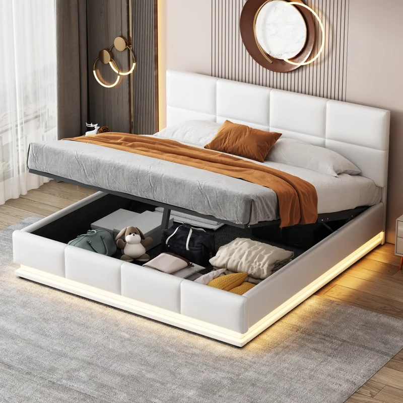 Letto imbottito 160x200 cm con LED; contenitore; struttura in metallo; bianco