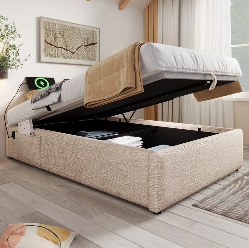 Letto contenitore singolo 90x190 cm con USB e Type-C; lino; senza testiera; naturale
