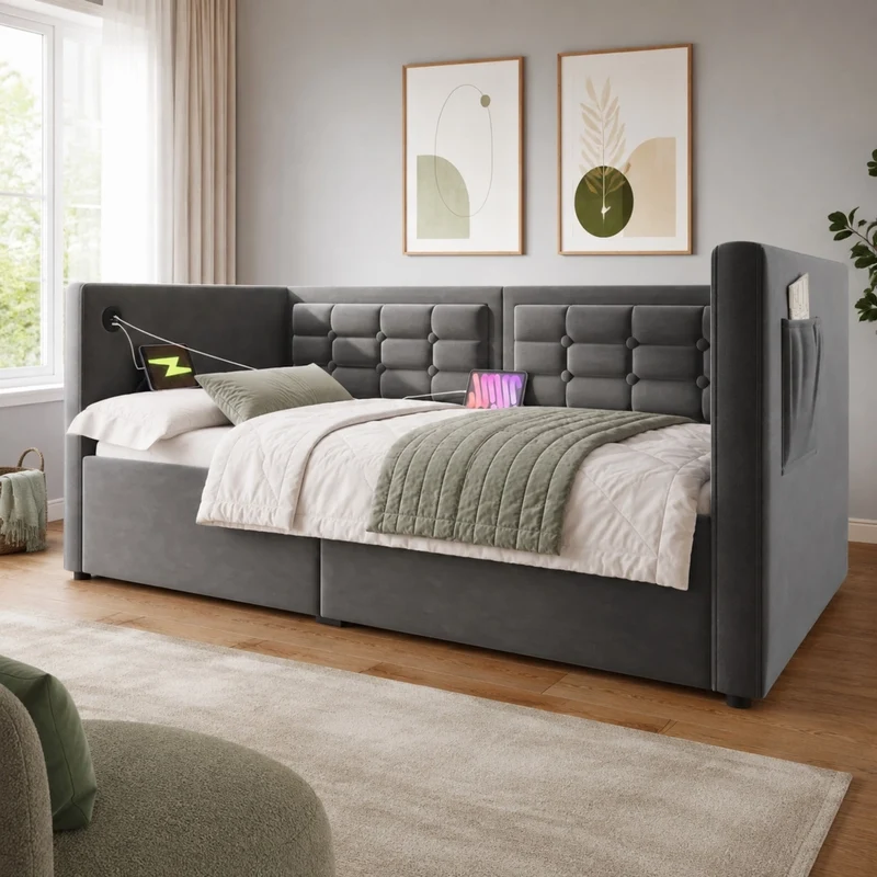 Divano letto idraulico 90x190 cm in velluto grigio con USB e Type-C; senza materasso