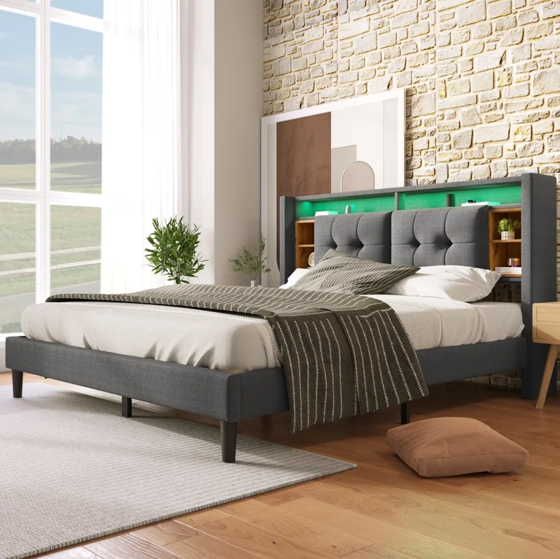 Letto imbottito con testiera contenitore; USB e LED; 160x200 cm; grigio