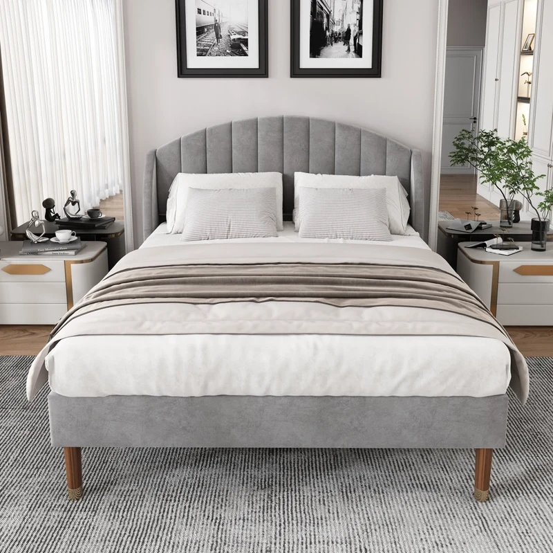 Letto imbottito 140x200 cm con rete a doghe e testiera in velluto grigio