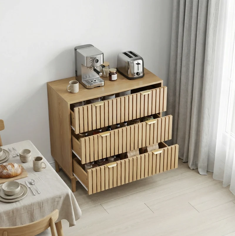 Comò a 3 cassetti in MDF e truciolare; 80x39x80 cm; color rovere