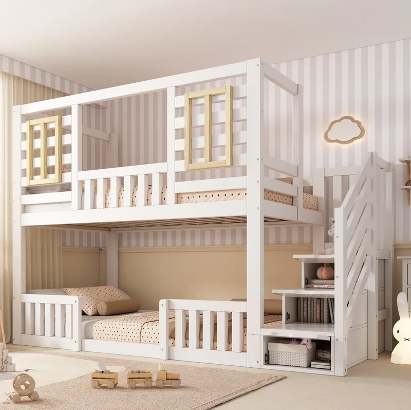 Letto a castello 90x200 cm stile casetta bianco con scala contenitore; in legno