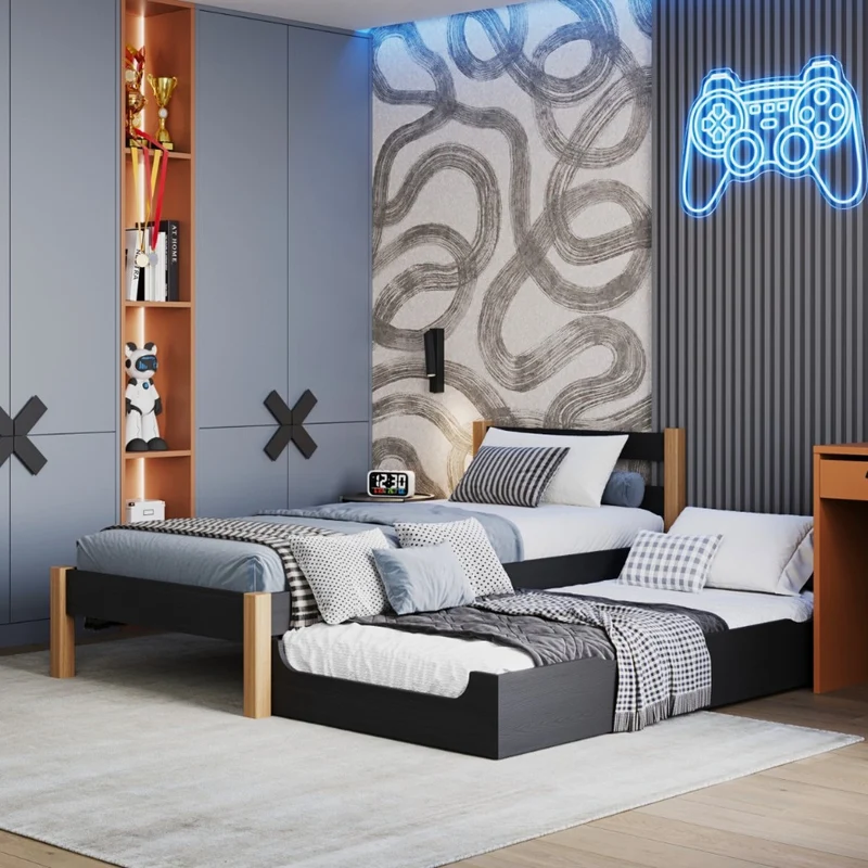 Letto singolo in legno con cassetto per materasso N01 nero / rovere