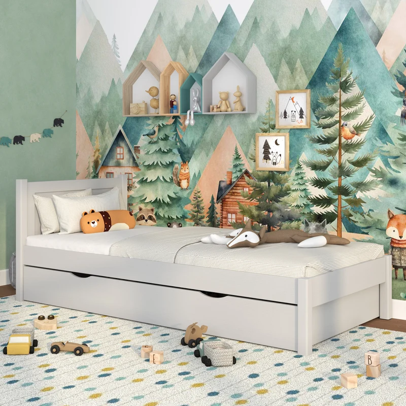 Letto singolo in legno con cassetto N02 grigio cenere