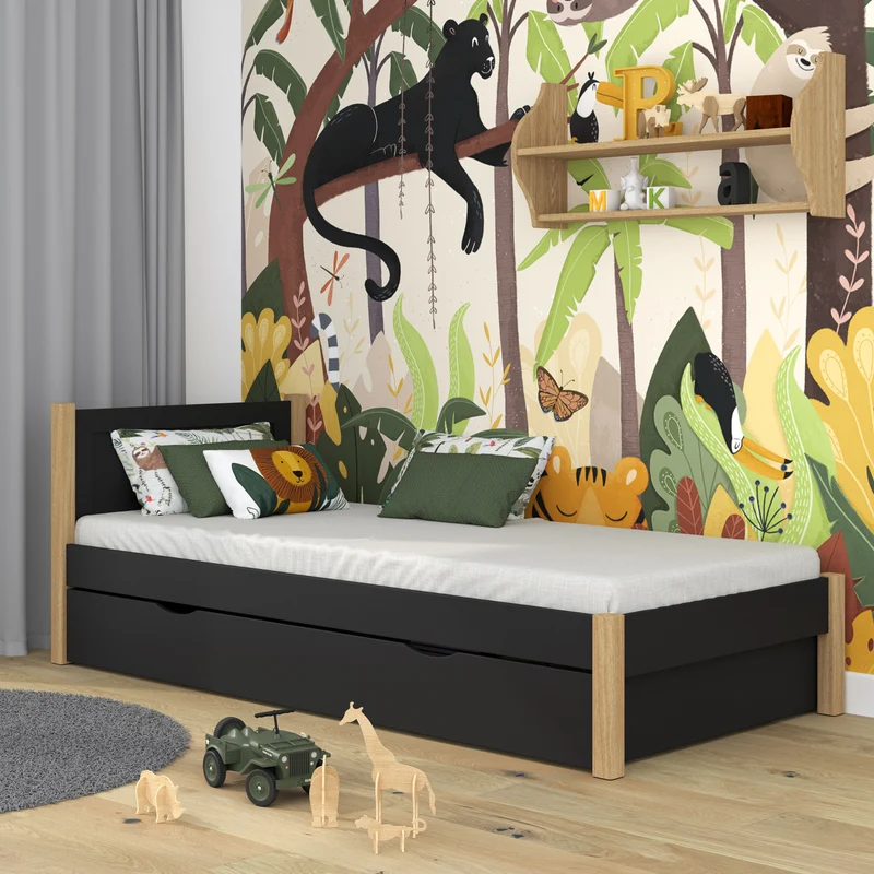 Letto singolo in legno con cassetto N02 nero / rovere