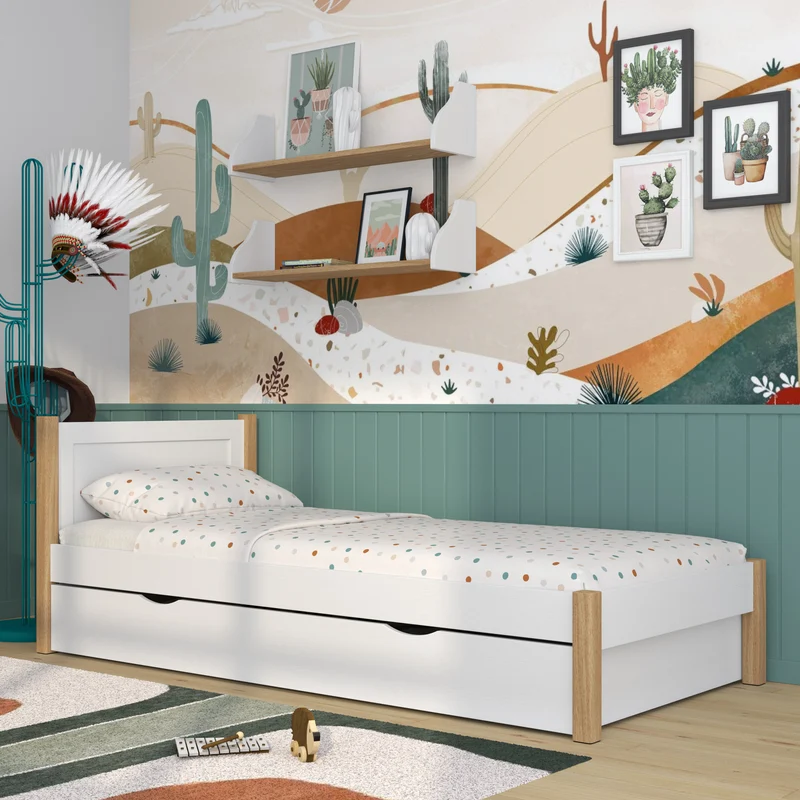 Letto singolo in legno con cassetto N02 bianco / rovere