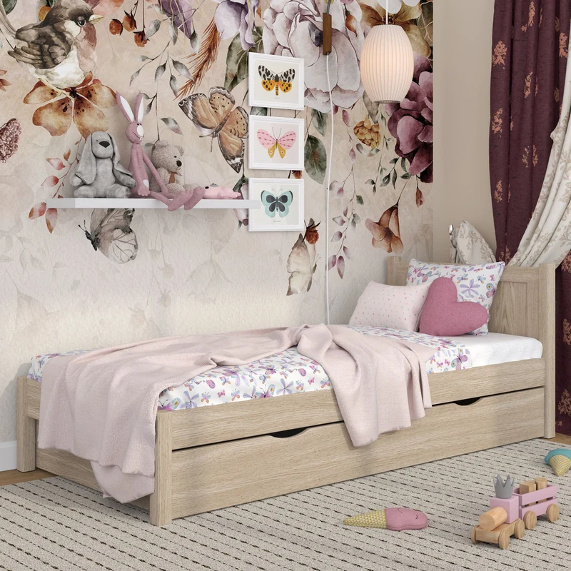 Letto singolo in rovere con cassetto N02 rovere sbiancato