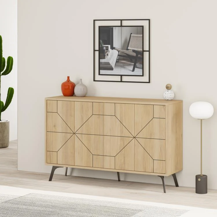 Madia con 4 Ante Credenza Bassa 123x35x77,4 cm Design Geometrico Moderno in Legno Quercia