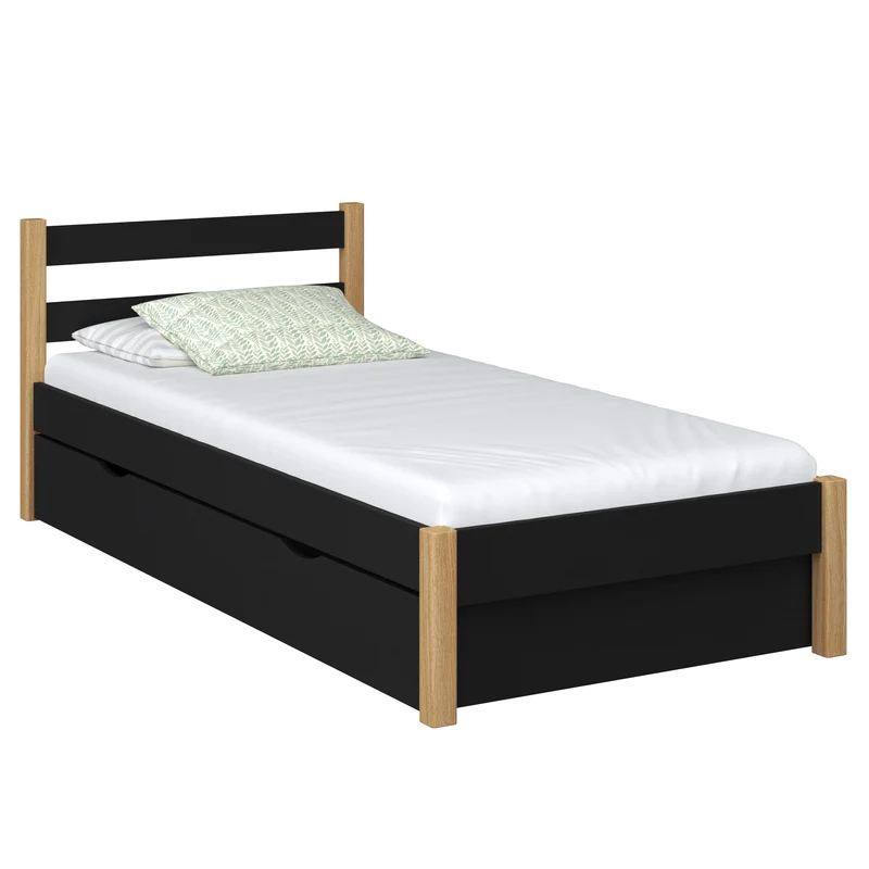Letto singolo in legno con cassetto N01 nero / rovere