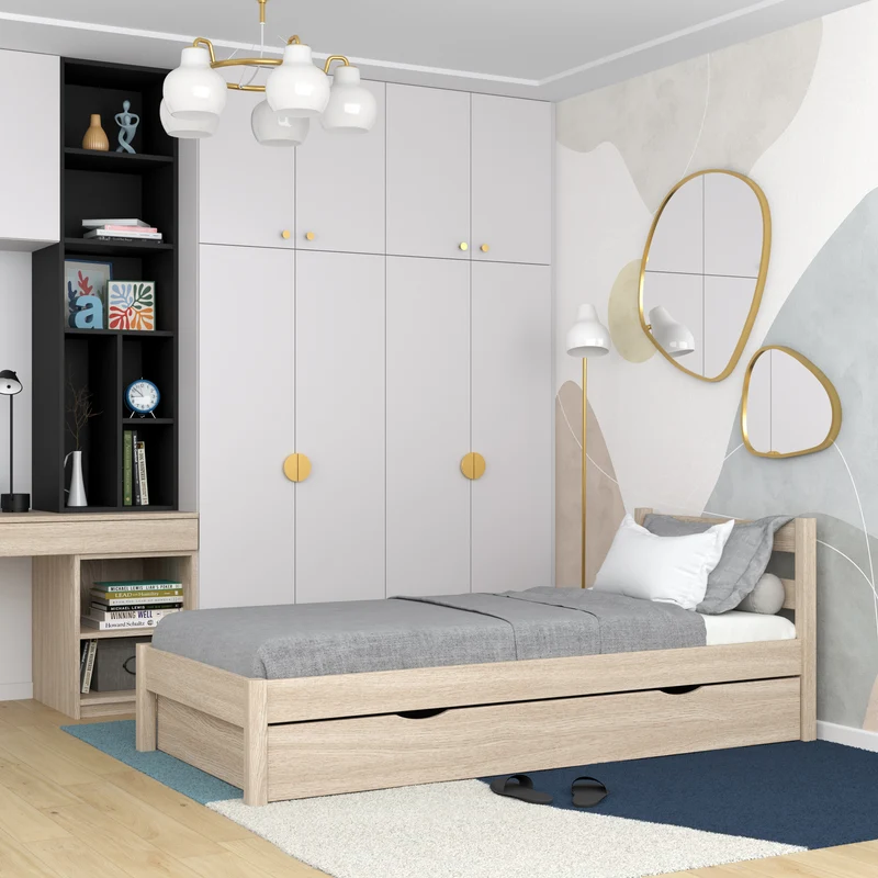 Letto singolo in rovere con cassetto N01 rovere sbiancato