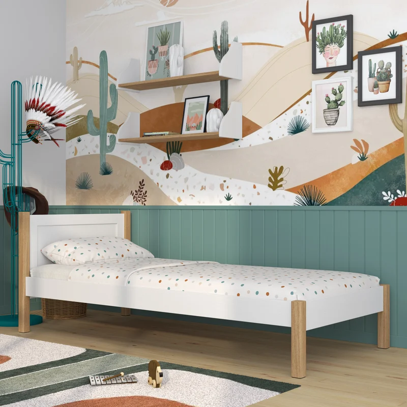 Letto singolo in legno N02 bianco / rovere