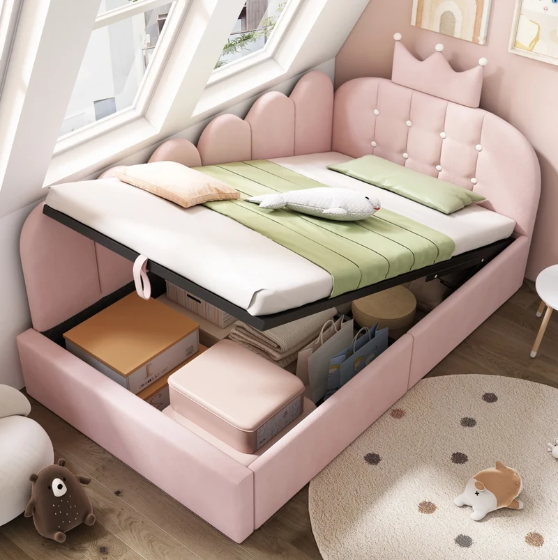 Letto da giorno L con contenitore 199x96x96 cm in velluto rosa