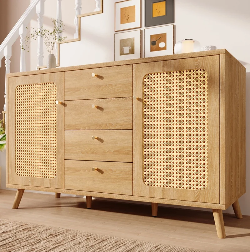Credenza con 4 cassetti e 2 ante; ripiani regolabili; effetto rattan; rovere chiaro; 140x40x86 cm