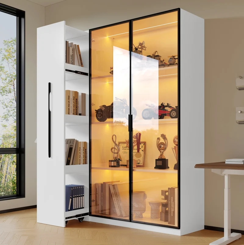 Vetrina LED in MDF con ante scorrevoli in vetro colorato; estraibile laterale; 110;5x35x160 cm; bianco