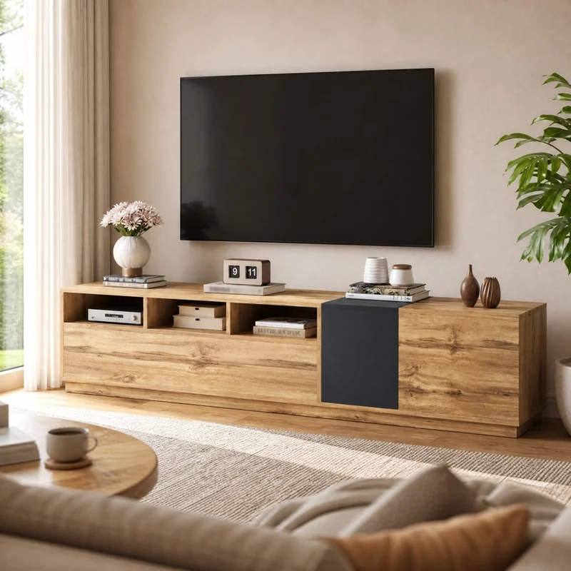 Mobile TV 200 cm in truciolare nero; grigio e effetto legno