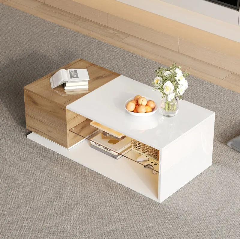 Tavolino da caffè LED con vano contenitore; 105x50x36 cm; truciolare e vetro temperato; bianco/rovere
