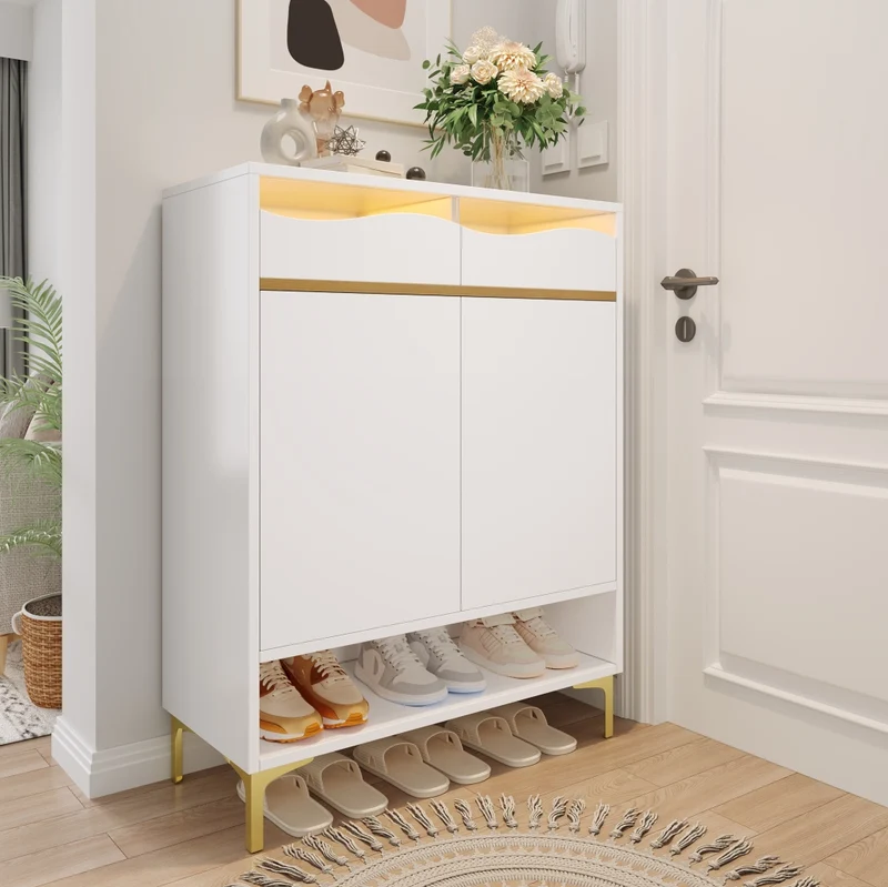 Scarpiera moderna bianca con LED 16 colori; 80x35x105 cm; gambe in ferro oro