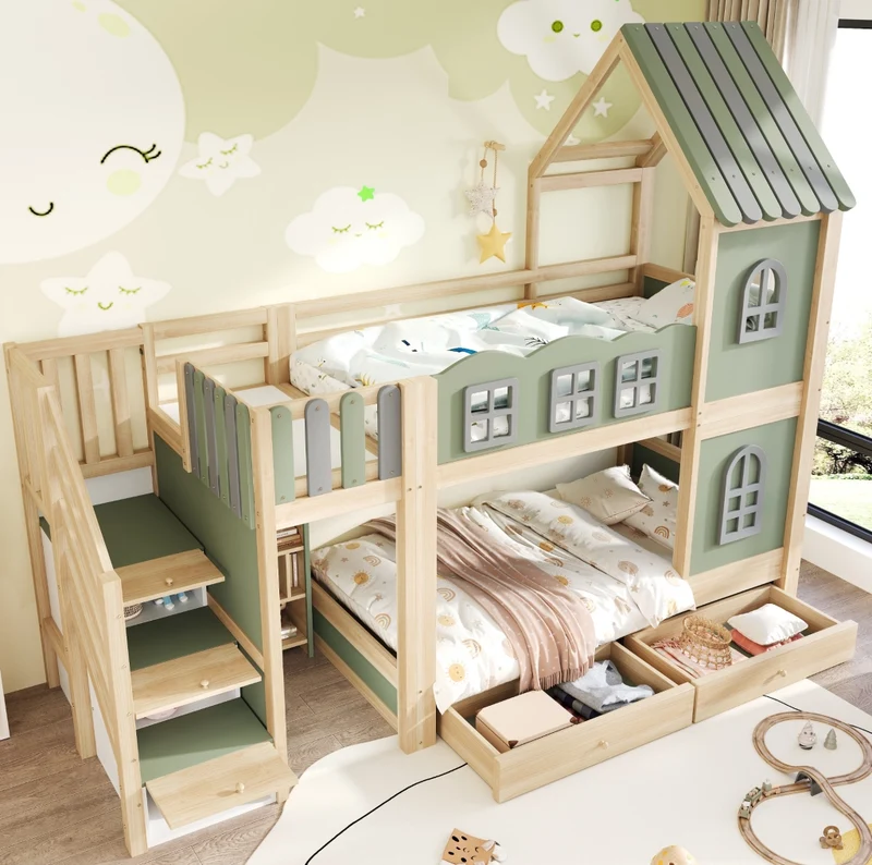 Letto a castello per bambini 90x200 cm in legno; verde/grigio/naturale; con scale contenitore e cassetti