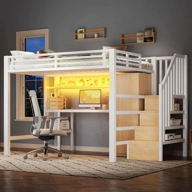 Letto a soppalco in metallo 140x200 cm con scrivania; armadio; scaffale e LED; bianco