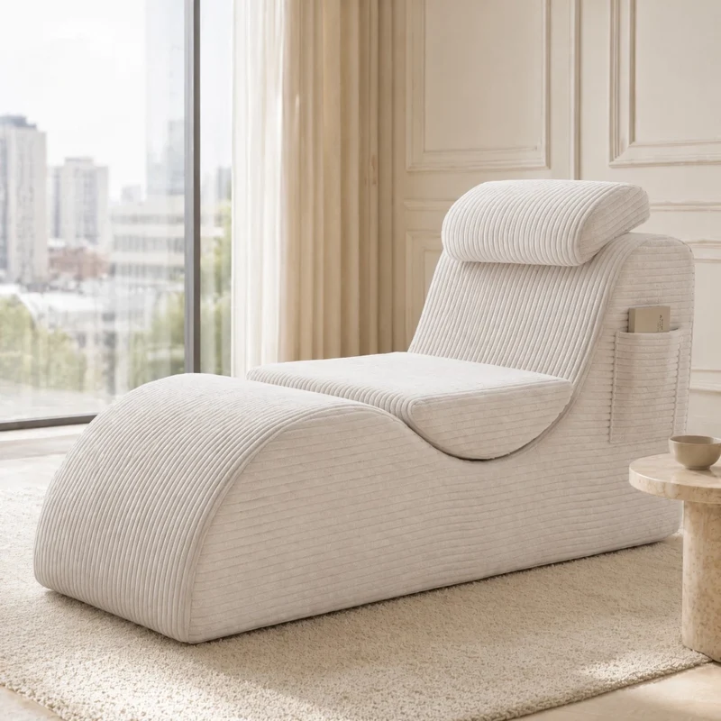 Poltrona singola ergonomica 160x66x90 cm in velluto a coste beige; con tasca laterale