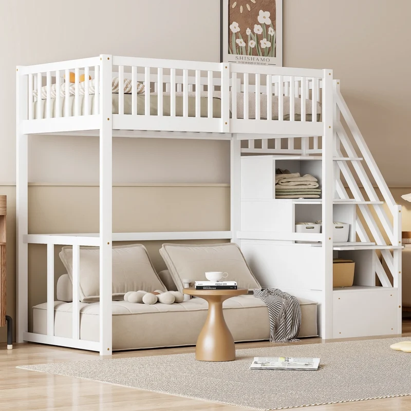 Letto a soppalco 90x200 cm con scale contenitore; in legno di pino