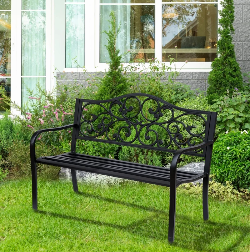 Panchina da giardino 3 posti in acciaio nero; design elegante con schienale alto