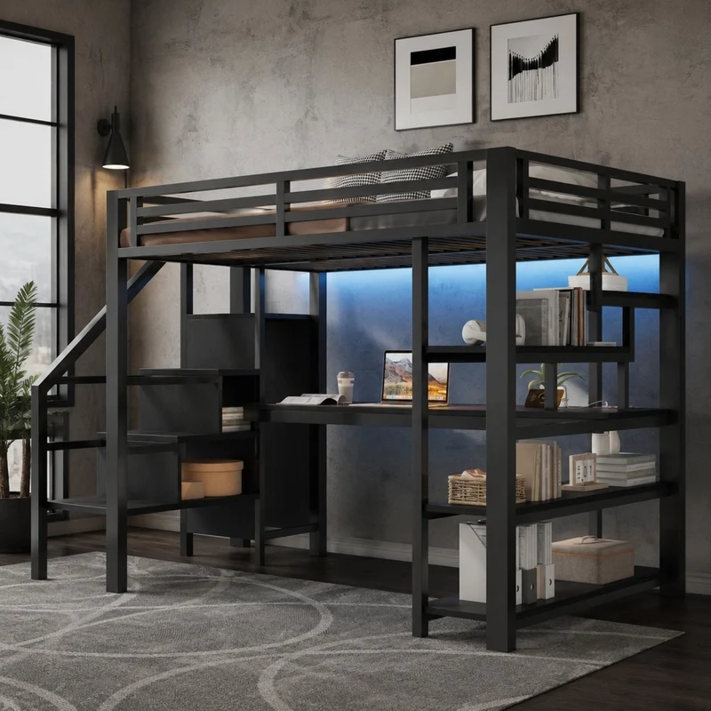 Letto a soppalco in metallo 140x200 cm con scala contenitore; scrivania e LED; nero