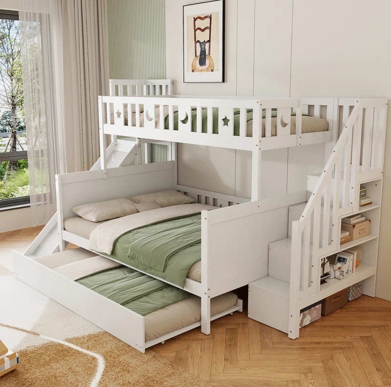 Letto a castello per bambini con scivolo; letto estraibile e scala di sicurezza 90x200/140x200 cm; bianco