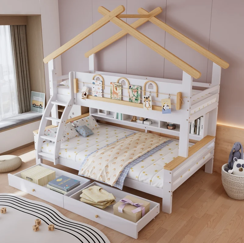 Letto a castello per bambini con 2 cassetti; scala inclinata e tetto; bianco/naturale; 90x200 e 120x200 cm