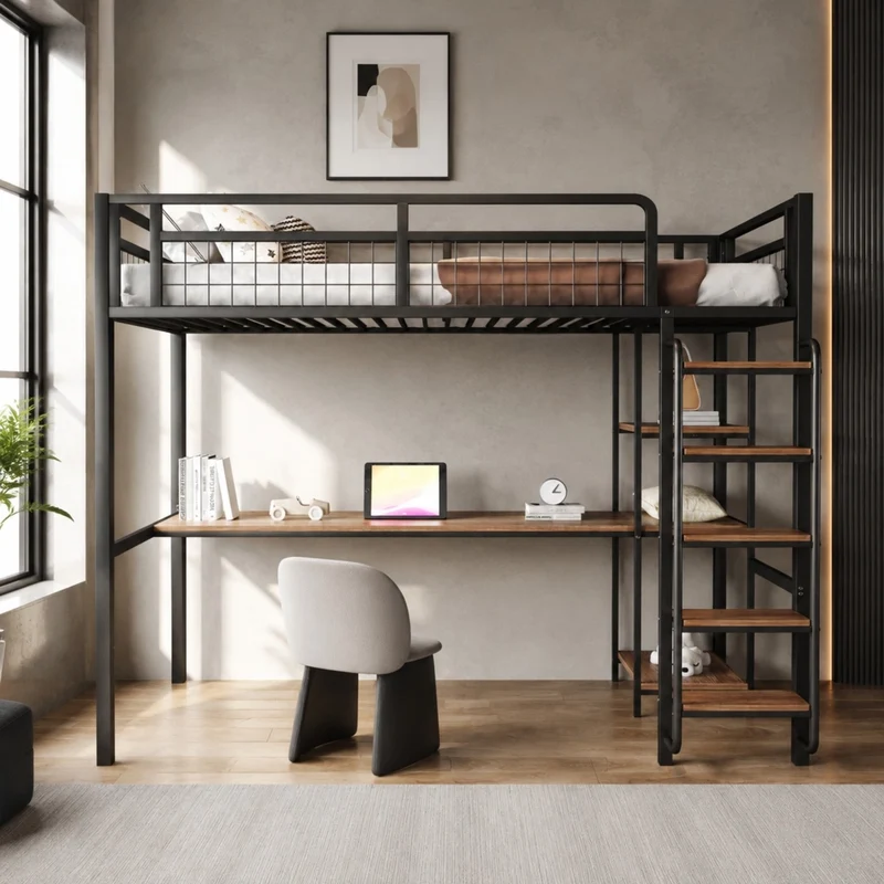 Letto a soppalco in metallo con scrivania e ripiani; 90x200 cm; nero